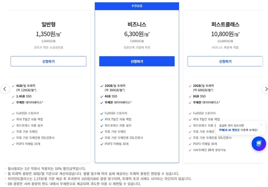 카페24 뉴아우토반 호스팅 요금 카드 화면(일반형·비즈니스·퍼스트클래스)