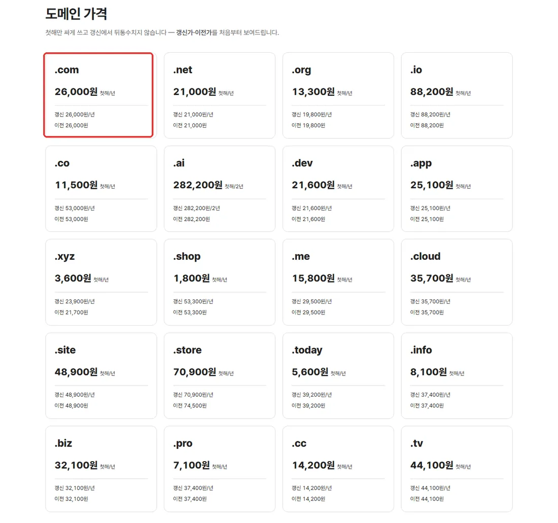 퓨쳐인프라 도메인 가격 카드 — .com 첫해 26,000원, 갱신 26,000원, 이전 26,000원