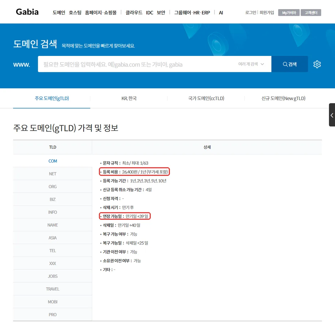 가비아 주요 도메인 가격 화면 — COM 등록 비용 26,400원/1년(부가세 포함)