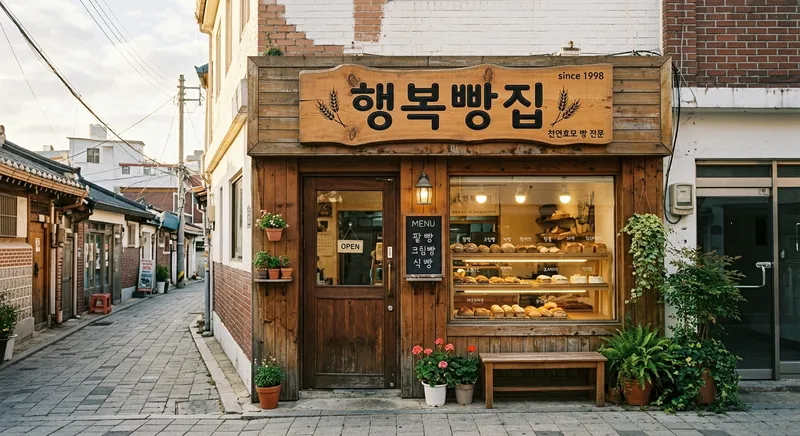 제미나이 3 플래시 이미지로 만든 가로로 긴 빵집 그림. 간판에 행복빵집이 정확히 적혔고 since 1998 같은 글씨가 더 있다