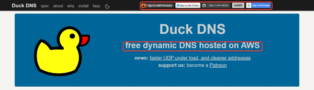 DuckDNS 첫 화면, 무료 동적 DNS 설명과 로그인 버튼