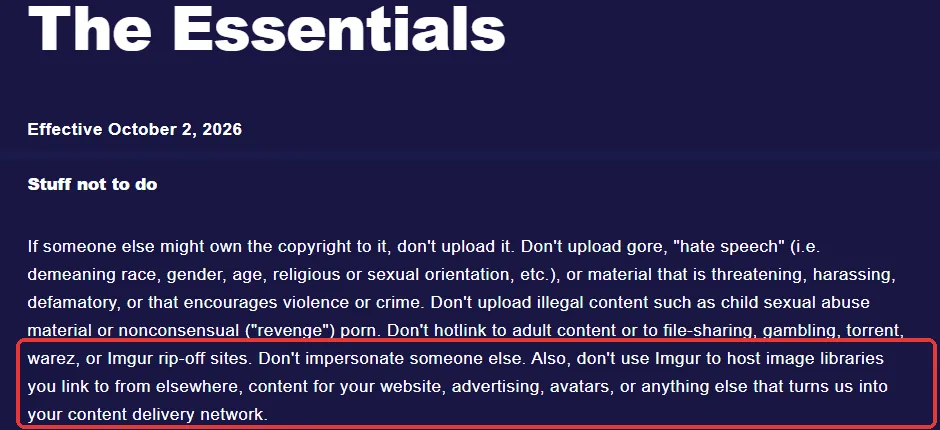 Imgur 약관 — 웹사이트용 콘텐츠, 광고, 아바타처럼 Imgur 를 CDN 으로 쓰지 말라는 문장