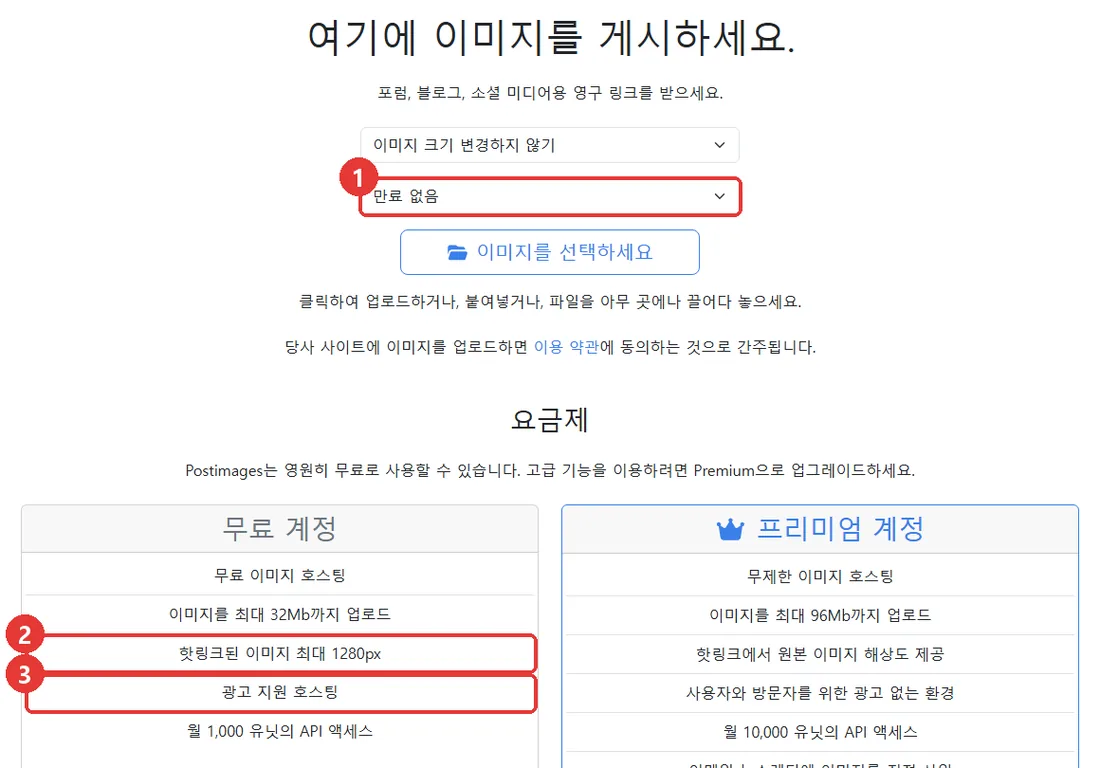 Postimages 첫 화면 — 만료 없음 선택, 무료 계정은 핫링크 이미지 최대 1280px, 광고 지원 호스팅