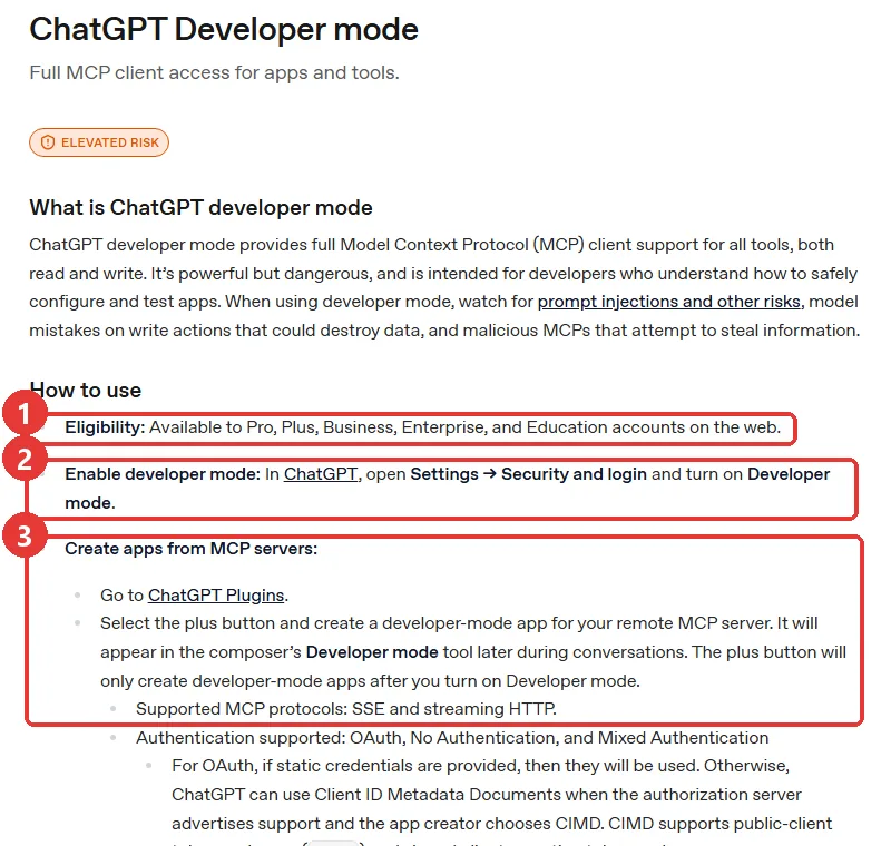 OpenAI 공식 문서 — ChatGPT 개발자 모드 대상 계정, 켜는 곳, 앱 만들기