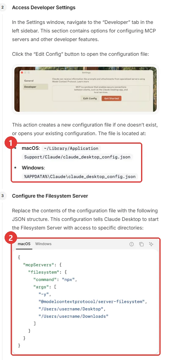 MCP 공식 문서 — 클로드 데스크톱 설정 파일 위치와 mcpServers 예시