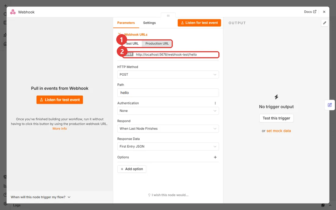 웹훅 블록에 localhost 주소가 표시된 화면
