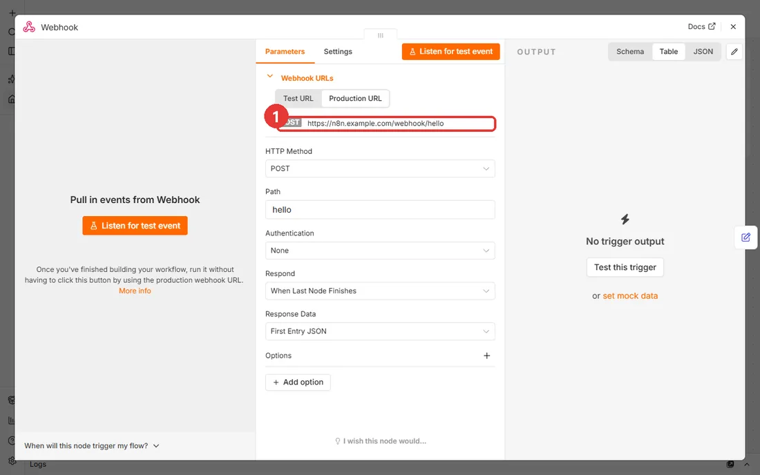 N8N_WEBHOOK_URL 을 넣은 뒤 운영 웹훅 주소가 도메인으로 바뀐 화면