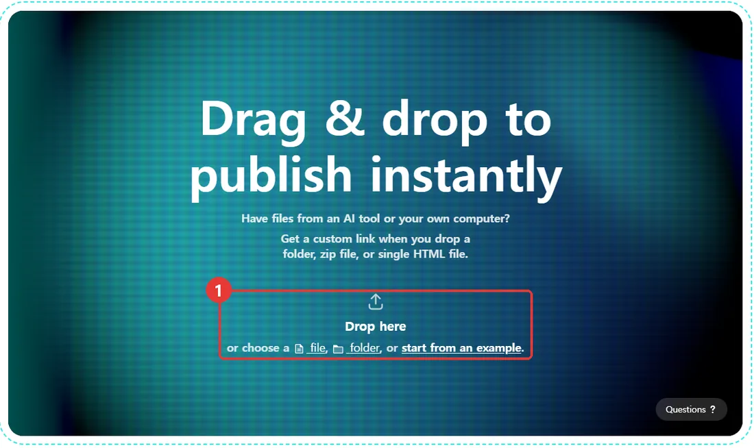 Netlify Drop 첫 화면 — Drop here 영역에 폴더·zip·HTML 파일을 끌어다 놓는 곳 표시