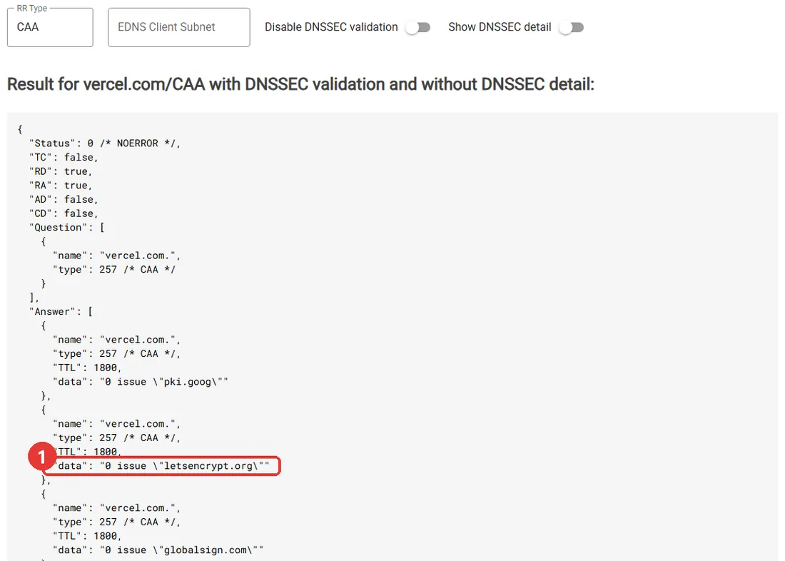 dns.google 에서 vercel.com 의 CAA 를 조회한 결과 — letsencrypt.org 허용 줄에 표시