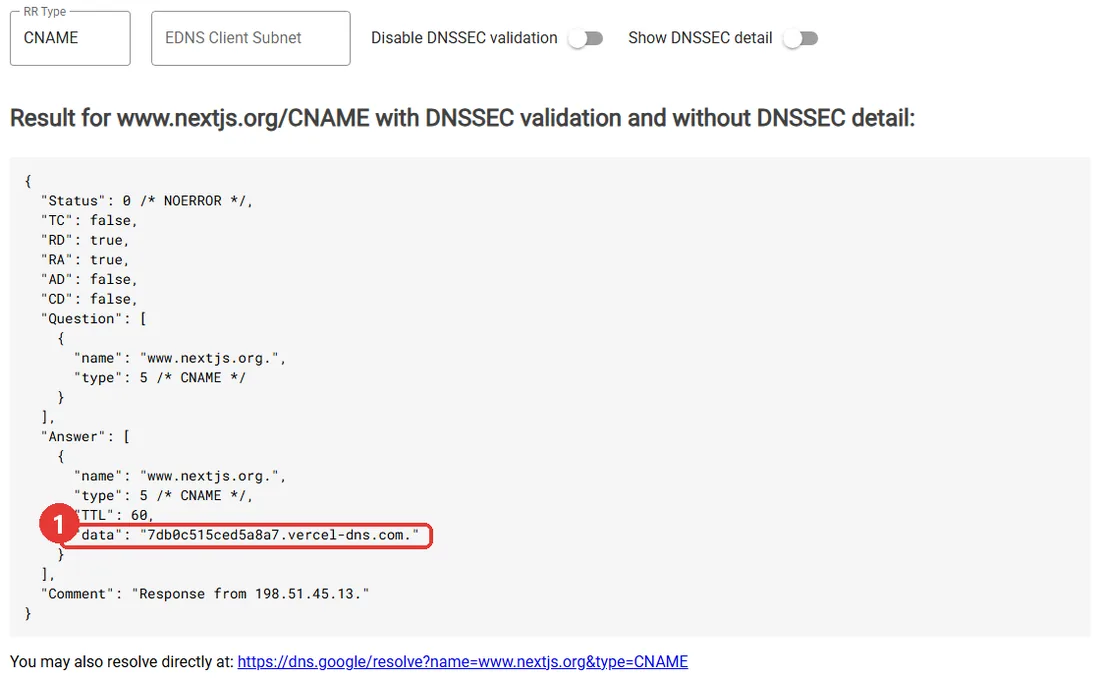 www.nextjs.org 의 CNAME 조회 결과 화면 — 값이 7db0c515ced5a8a7.vercel-dns.com