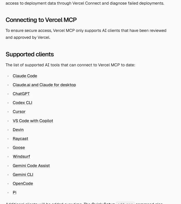 Vercel MCP 공식 문서의 지원 클라이언트 목록 14곳