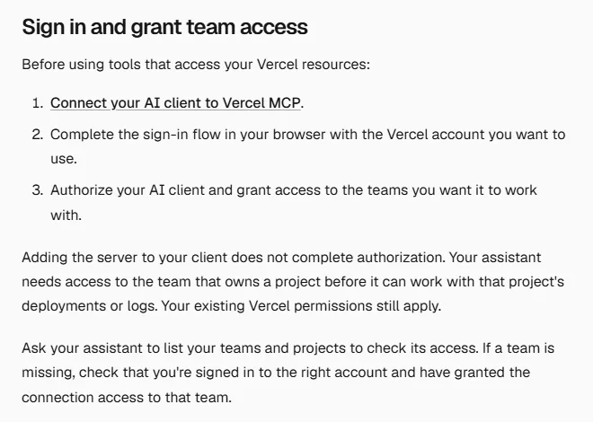 Vercel MCP 도구 문서의 팀 접근 허용 안내