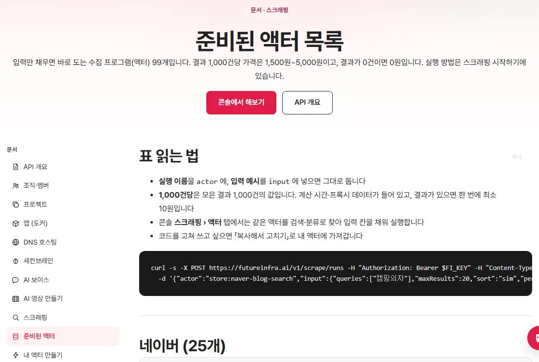 퓨쳐인프라 스크래핑 준비된 액터 목록 문서 화면 — 99개, 결과 1,000건당 1,500원~5,000원